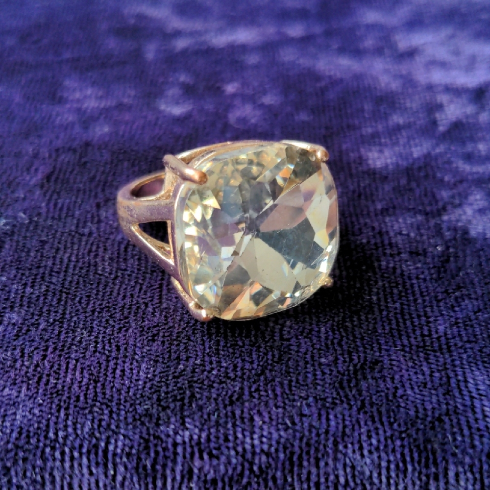 Vintage 10K Gold Plated Bold Statement Ring With Sparkly Rhinestone, Size 7